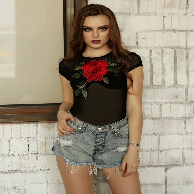 Sexy Floral Bodysuit Women Sheer Mesh Strap Embroidery Bodysuit Female