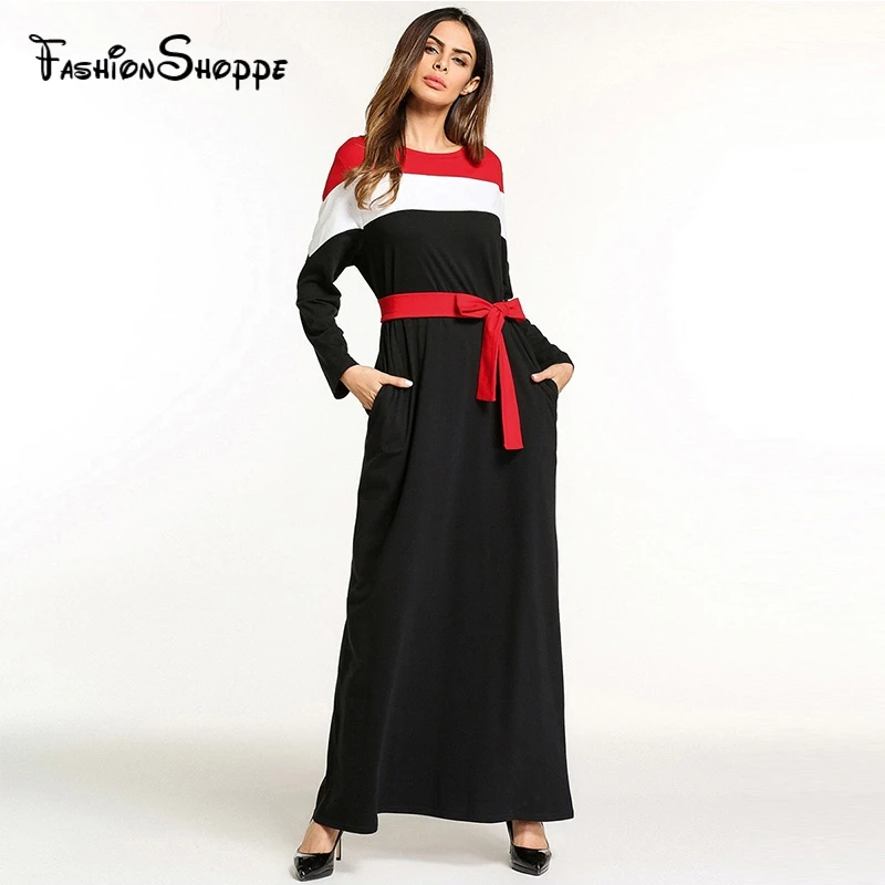 round neck long lantern sleeve color block maxi dresses