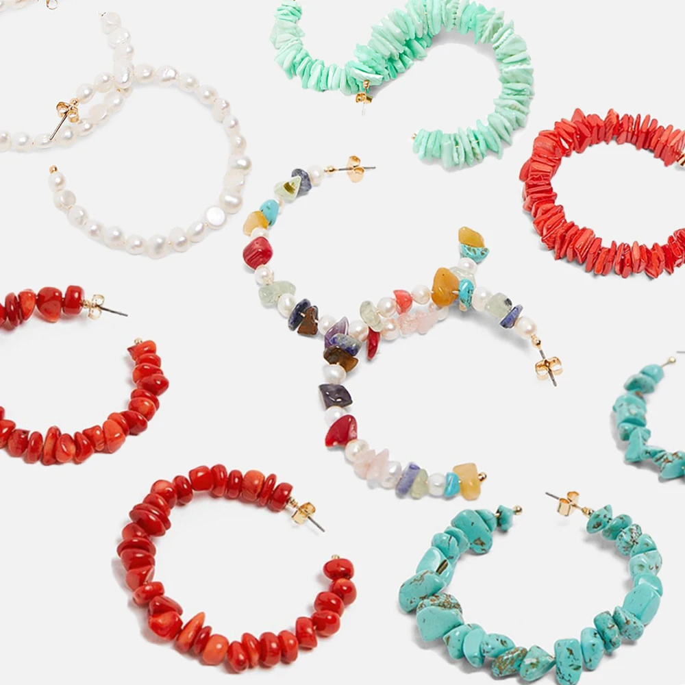 

2019 Fashion Bohemia Naturel Stone Pearl Acetate Hoop Earrings for Women Ethnic Beads Hoops Alloy Earring za jewelry Female