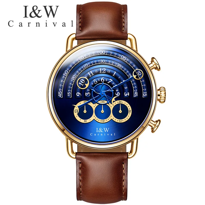 

Carnival I&W Quartz Watch Men Leather Strap Mens Watches Magic Design Big Dial Steampunk Waterproof Clock relogio masculino 2018