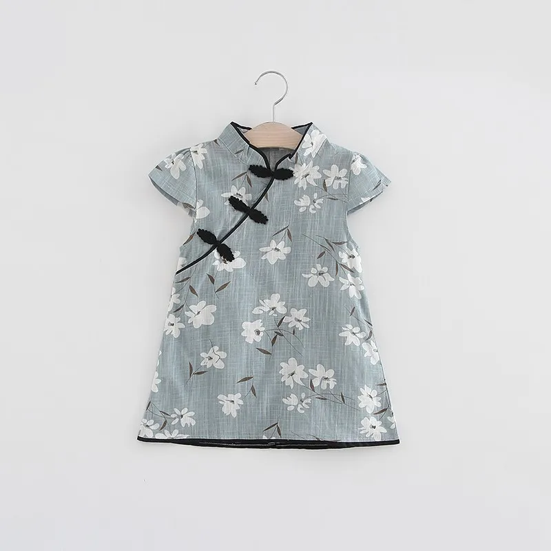 

Cotton Summer Dress Floral A-Line Casual Cheongsam Dresses Chinese Style Short Sleeve Baby Girls Button Clothes