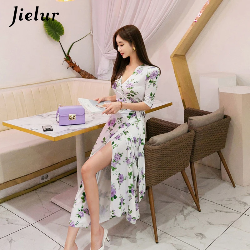 Jielur, летнее женское платье с коротким рукавом,, корейское, с цветочным принтом, с поясом, повседневное, элегантное, платья, Boho, Пляжное, с высокой талией, Vestidos