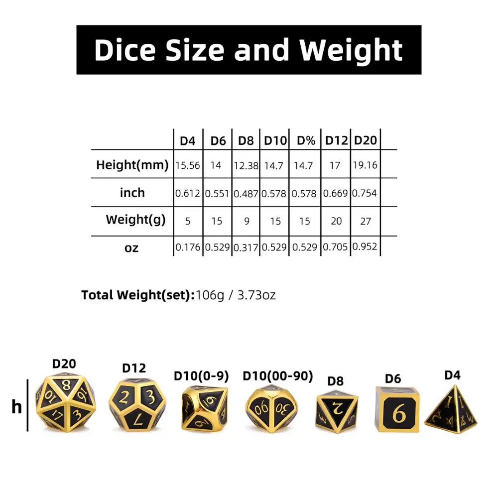 Koop DnD Metal Dice Goud met Zwart Emaille Cursief Lettertype voor DnD RPG MTG en Wiskunde Onderwijs
