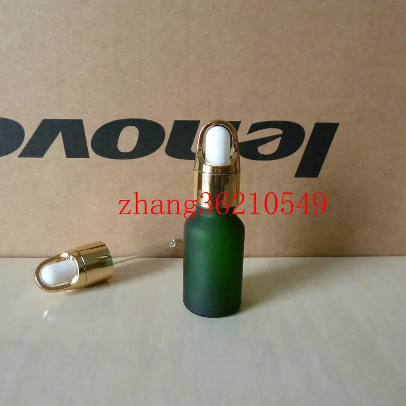 15ml green frosted Glass Essential Oil Bottle With aluminum basket shiny gold dropper cap.Oil vial pack |