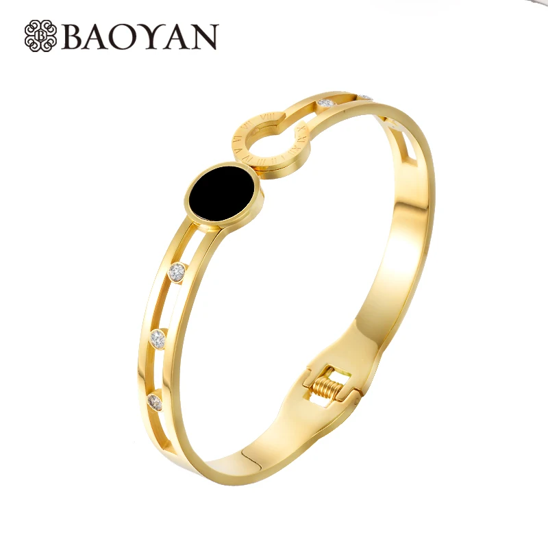 

Baoyan Trendy Gold Bracelet For Women Stainless Steel Black Round Shell Roman Numberal Lettering Cubic Zirconia Bangles Women