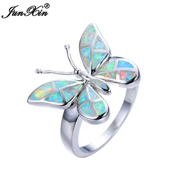 

JUNXIN Big Stone Boho Butterfly Ring Fashion Blue/White Opal Rings For Women Vintage Wedding Band Animal Ring Dropshipping Gift