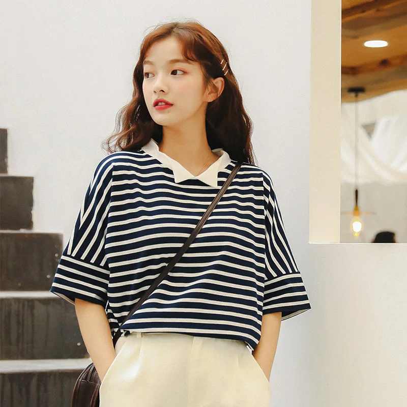 

Women's Tshirt Kawaii Student Ulzzang Casual Loose Striped T-shirt Punk Tunic Lady Ulzzang Harajuku Ins Top For Women Tee