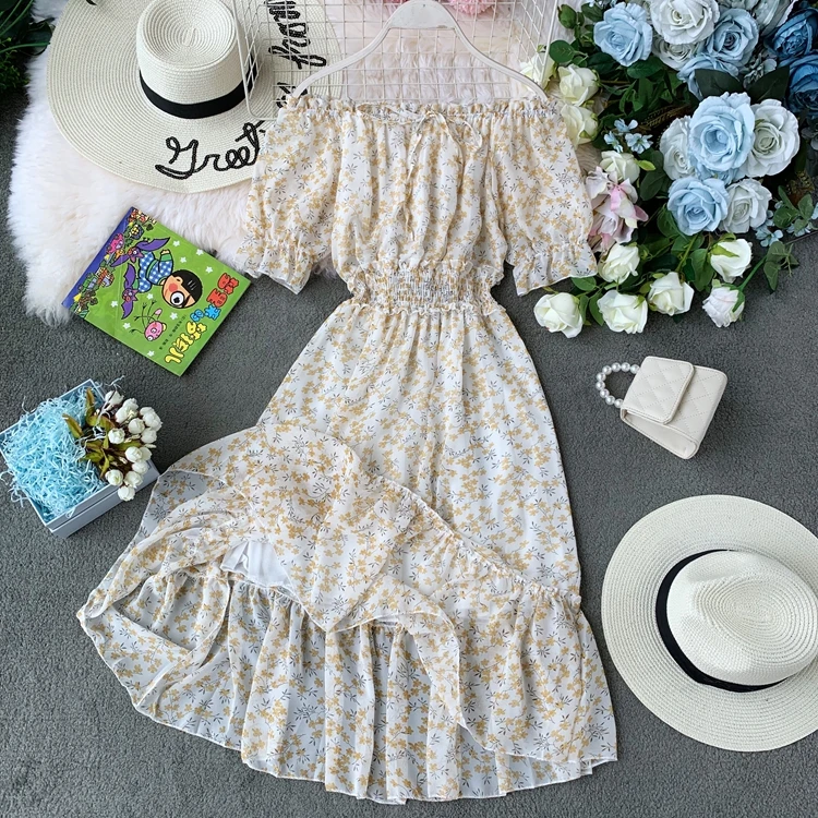 

2019 Korean Summer New Off Shoulder Floral Chiffon Dress Female Long Seaside Beach Sexy Slash Neck Maxi Dresses for Women
