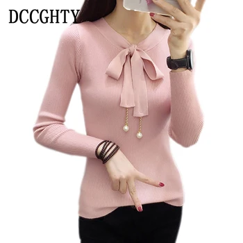 

Autumn Sweater Women V Neck Pullover Fall 2018 Pull Femme Long Sleeve Women Knitted Sweater Bow Tie Fashion Beaded Elastic Tops