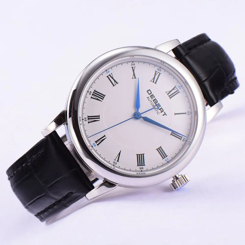 Polished 40mm Debert white dial blue hands Roman marks Automatic mens font b Watch b font