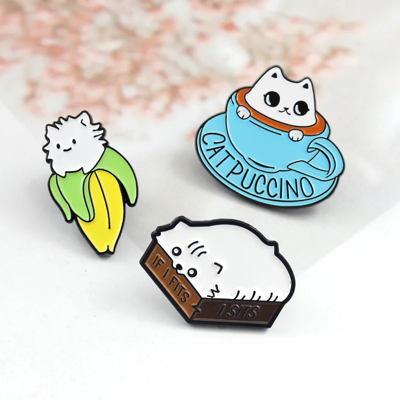 

Cartoon CAT PUCCINO Brooches for Women Cute Banana If I Fit Coffee Cup Kitten Animal Enamel Pin Clothes Hat Badge Accessories