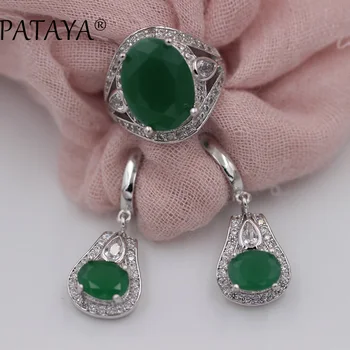 

PATAYA Multicolor Oval Natural Zirconia Earrings Ring Sets Women Romantic Wedding Party True White Gold Green India Jewelry Set