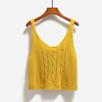 

Hot Sale 2019 Short Knitted Women's Vest Summer Top Sweet Yellow Sleeveless Female Jacket V-Neck Korean Waistcoat Free Shiping