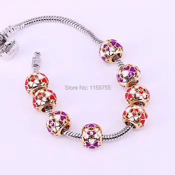 

30Pcs Purple Red White Enamel Flower Pattern Round Big Hole Beads Copper Gold Loose Beads Charm For DIY