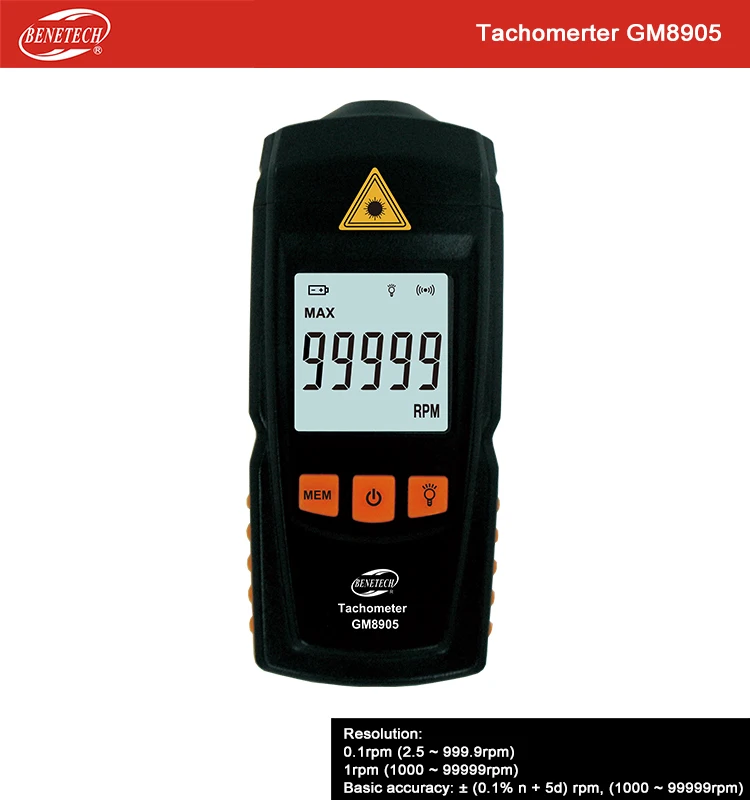 

diagnostic-tool Digital Laser Tachometer RPM Meter Non-Contact Motor Lathe Speed Gauge GM8905 Benetech