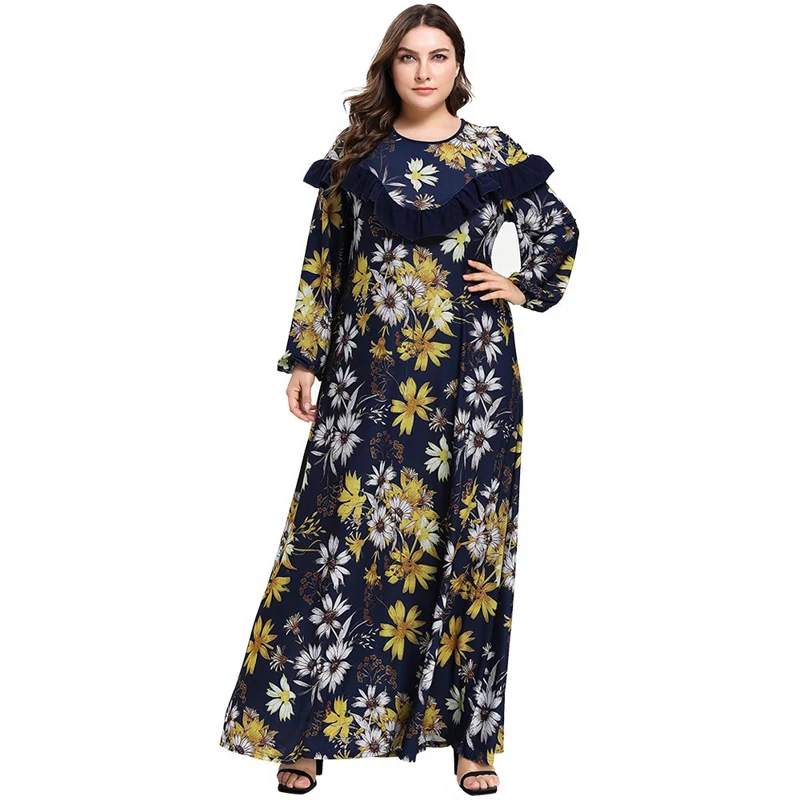 Abayas женская мусульманская одежда цветочный принт Мода оборками Макси мусульманское платье Бангладеш Кафтан Дубай, Турция халат размера плюс 4XL