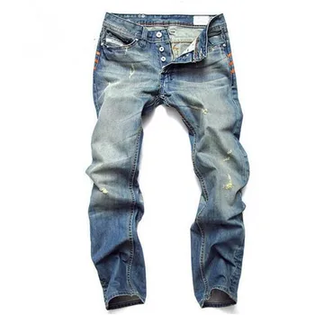 

Light Blue Jeans Men Straight Denim Jeans Trousers 28-42 High Quality Cotton Logo Brand orange button Mens Jeans