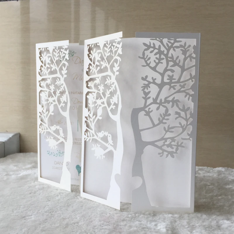 

30pcs Laser Cut 250gsm Pearl Paper Christening & Baptism Greeting Blessing card tree with bird Design Wedding Invitation Cards