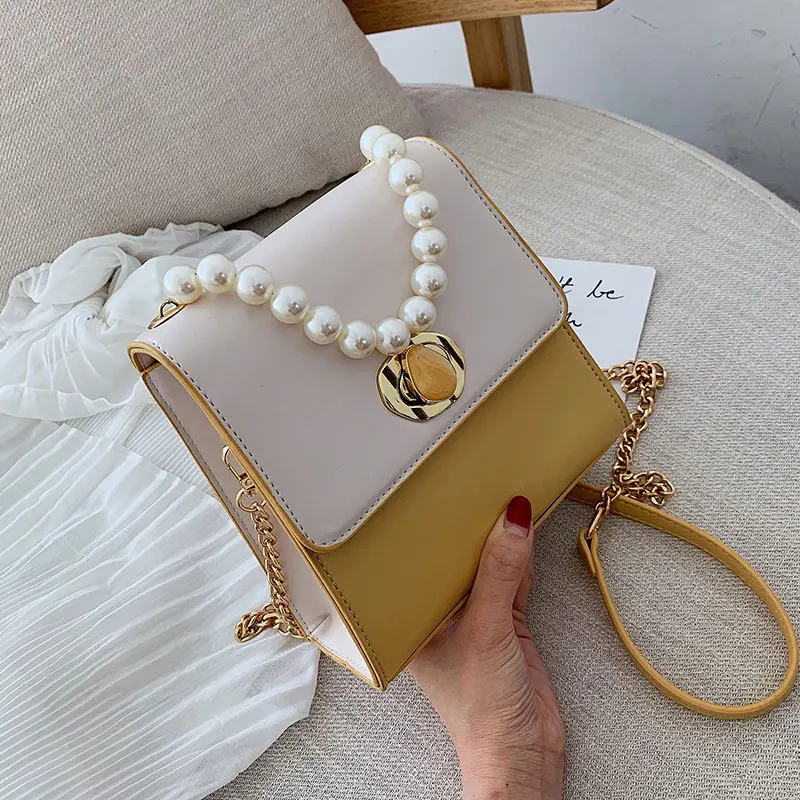 

Lady Totes With Pearl Handle Contrast Color Leather Crossbody Bags For Women 2019 Summer Shoulder Messenger Bag Handbags C47