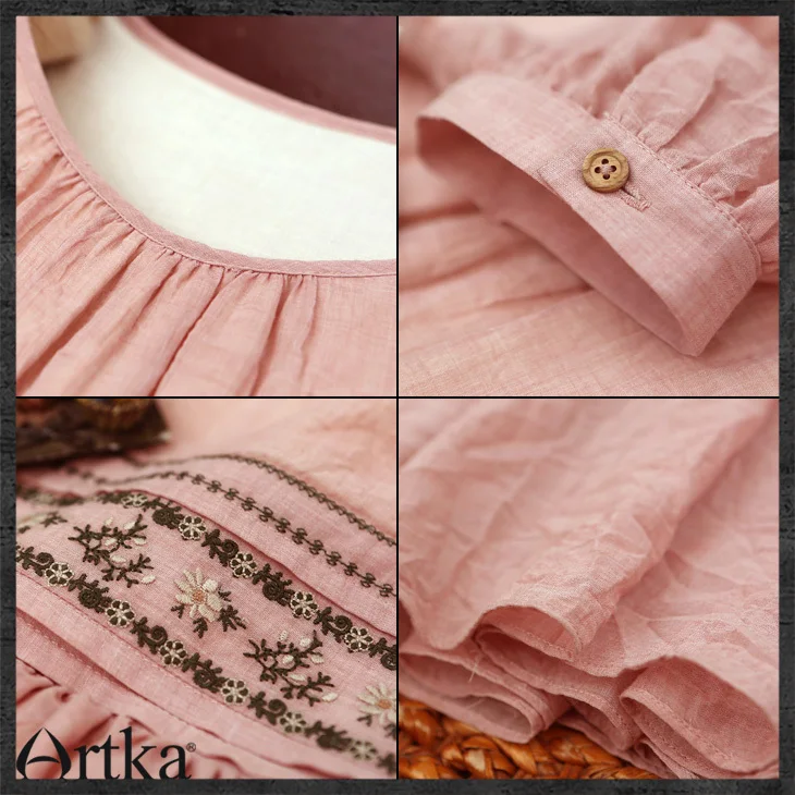 ARTKA женское ретро элегантное приталенное платье с вышивкой и коротким рукавом с круглым вырезом жемчужно-розового цвета LA11043X