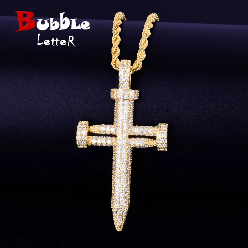 

Nail shape cross Pendant Necklace With Rope Chain AAA Cubic Zirconia Men's Hip hop Street Rock Jewelry 2.16x1.14Inch