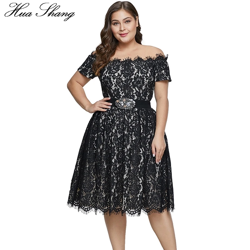

Black Lace Dress Plus Size Women 2019 Summer Slash Neck Short Sleeve Off Shoulder Dress High Waist Knee Length Party Dresses
