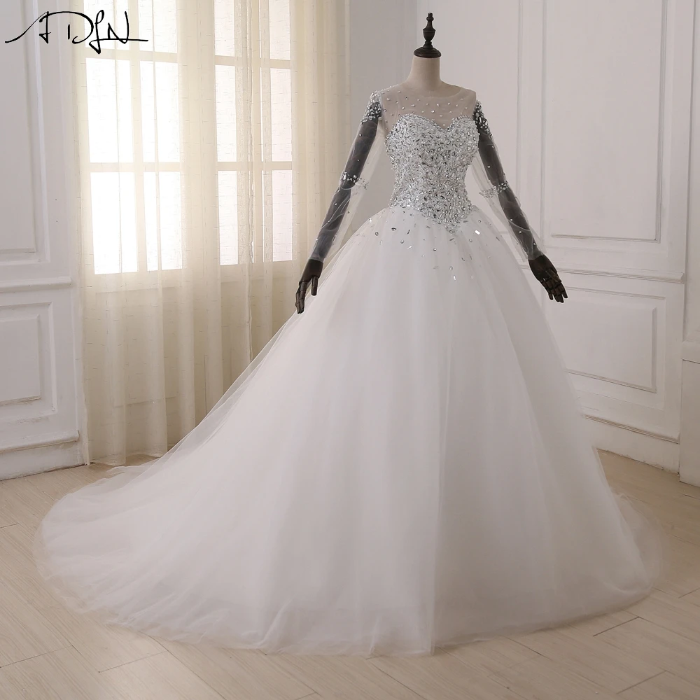 ADLN Vestidos De Novia с длинным рукавом свадебное платье кристаллами Scoop горный хрусталь Принцесса Саудовская арабское свадебное платье