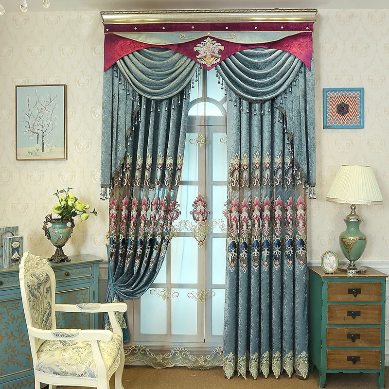 Blue Brown Europe Luxury Villa Valance Curtains For Living Room