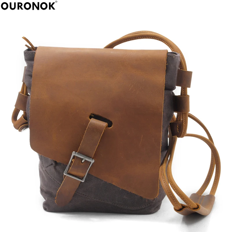 

OURONOK 2018 Oil Wax Canvas Women Men Shoulder Waterproof Bag Retro Leather Messenger Small Casual Men's Crossbody Unisex bag