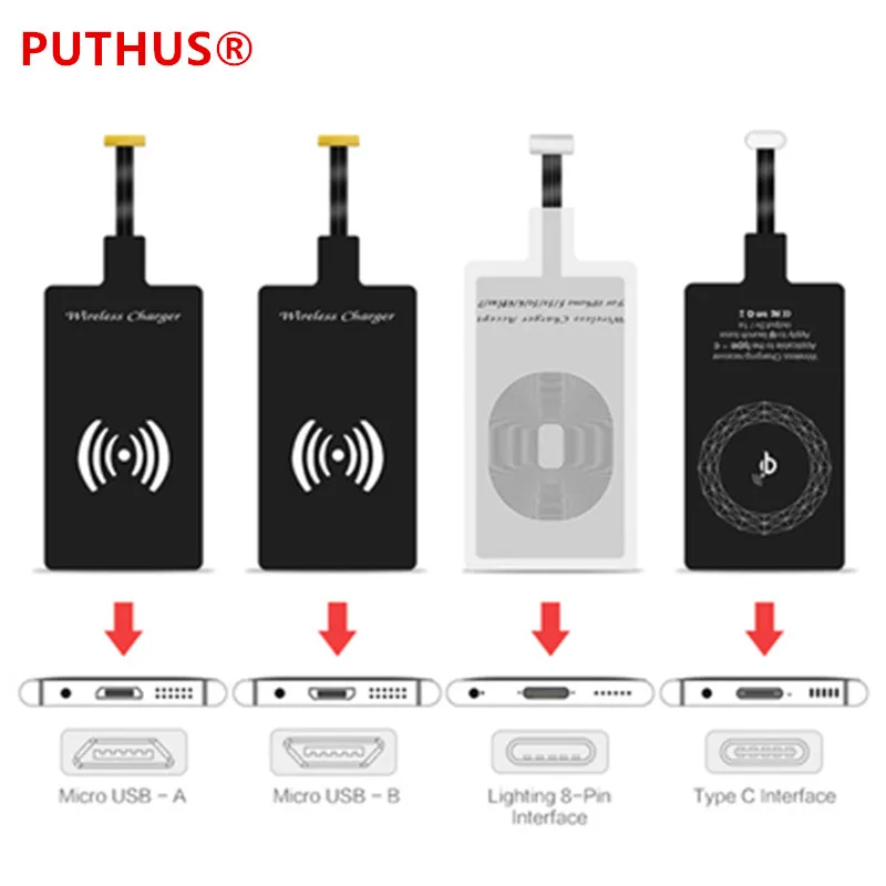 Беспроводное зарядное устройство PUTHUS QI приемник для iPhone 5S 7 6 Plus Универсальный беспроводной зарядный приемник для телефона Micro usb type-c