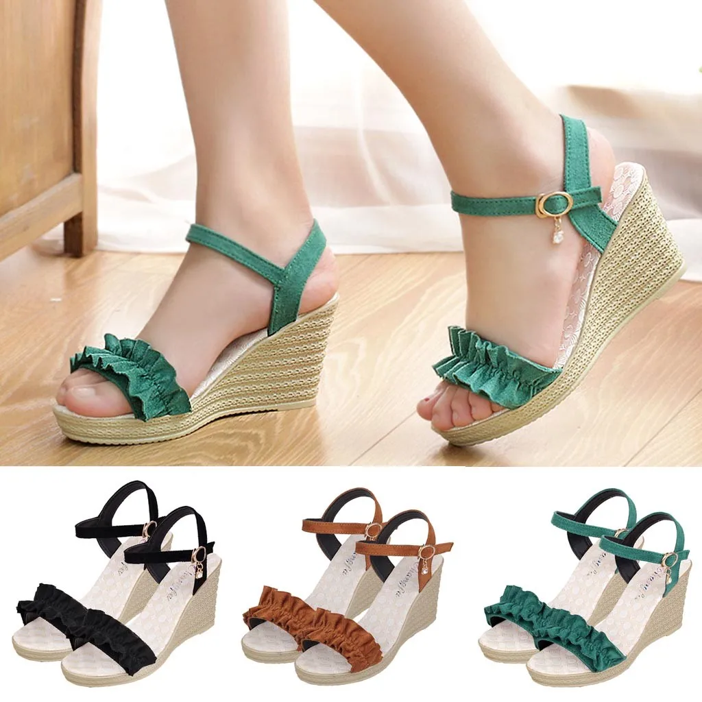 Elegant Ladies Wedge Sandals Slim Legs Buckle Strap Wedges Sandals