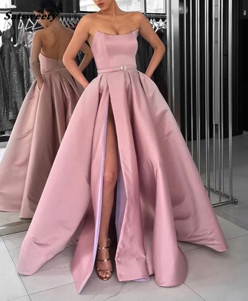 satin pink prom dress