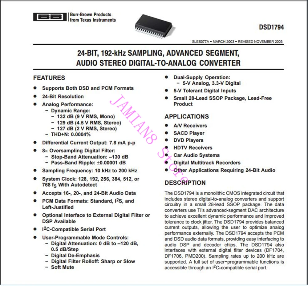 И аутентичный с аудио ЦАП IC DSD1794DBR DSD1794DB, SSOP28