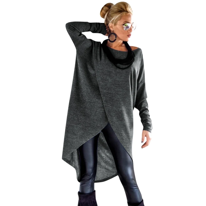 

Fashion Women Asymmetric Midi Dress O Neck Long Sleeve Solid Color Wraparound Dress for Women Autumn Spring Vestidos Female New