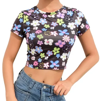 

Colorful Floral Print Cropped Women Tshirt Short Sleeve Fashion Summer Top Tee 2019 Women's sexy T-shirts Korean Clothes