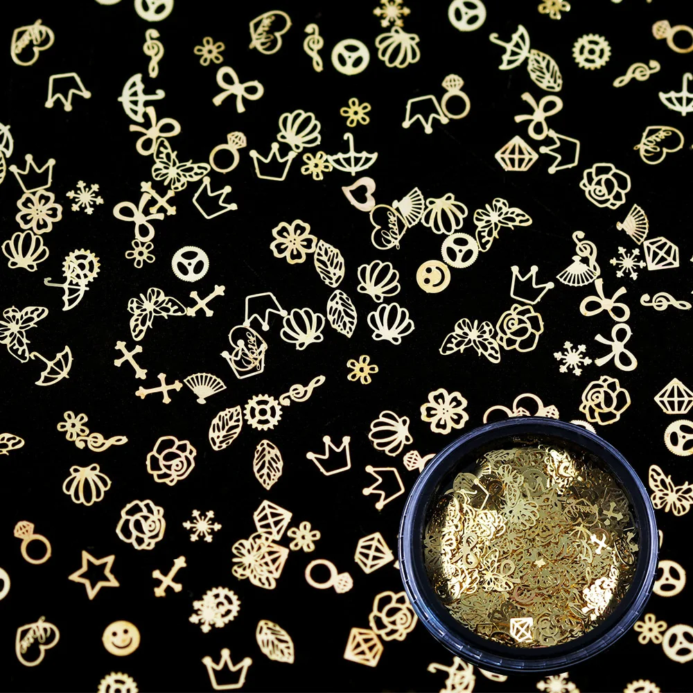 

Golden Hollow Metal Sequins Nail Art Decoration Hollow Snowflake Star Crown Bow Smiley Butterfly 3d Tps Manicure Christmas New