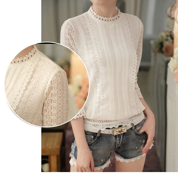 Stand Collar Three-Quarter Sleeves Pleated Hollow Out Lace Blouse