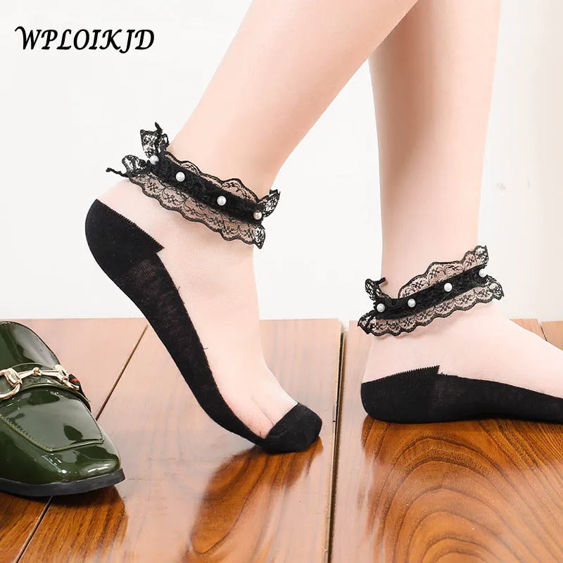 

[WPLOIKJD]Pearl Lace Handmade Transparent Socks Silk Japanese Harajuku Art Lace Ankle Socks Women Glass Mesh Sexy Meias Calcetin