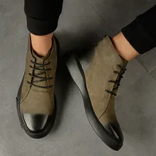 Мужские зимние мотоциклетные ботинки из коровьей замши в винтажном стиле; повседневные ботинки на шнуровке; Цвет армейский зеленый; черные мужские ботинки на толстой резиновой подошве
