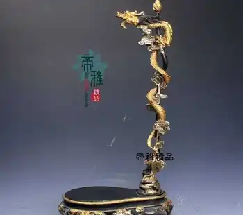 

China Palace Bronze Copper 24K Gold Gild Dragon Penholder Shelf Pen Rack Statue