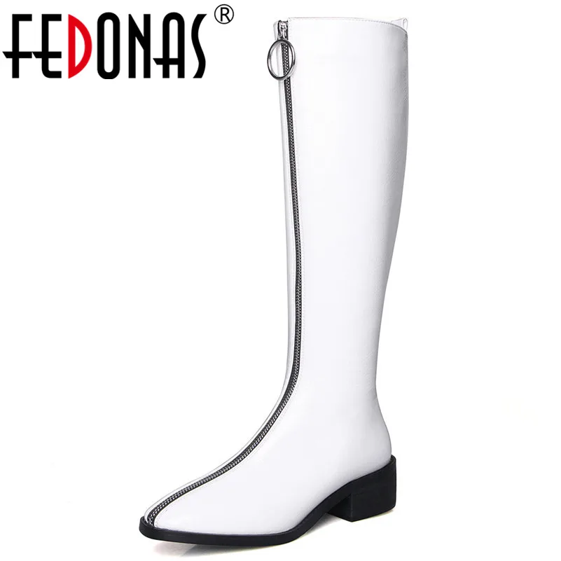

FEDONAS 2019 Winter Round Toe Square Heels Women Knee High Boots Fashion Zipper Design Riding Boots Patent Leather Party Shoes