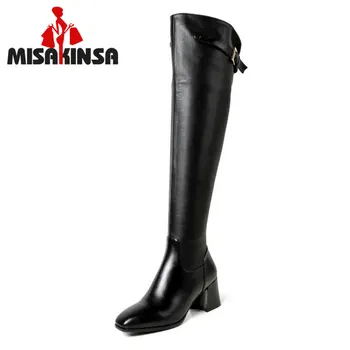 

FITWEE Real Genuine Leather Square Low Heel Over Knee Boots Woman Square Toe Warm Winter Shoes Heeled Footwear Size 34-39