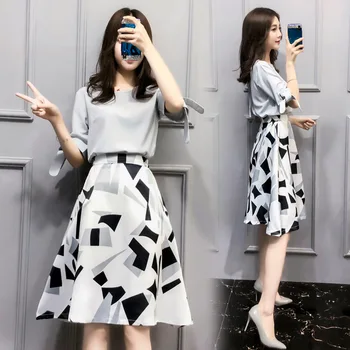 

Women 2PCS Dress Set Chiffon Half Sleeve Blouse and Empire dress geometric Pattern A-line Split Knee Length Dress Suit Spring
