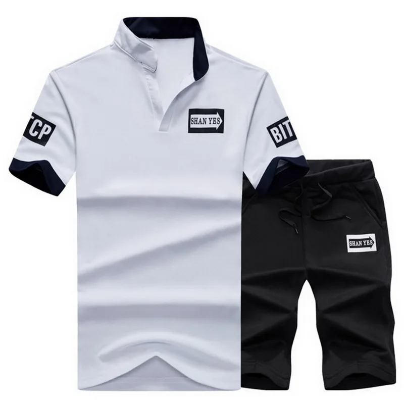 

MJARTORIA Mens Summer Sports Set New Casual Solid Color Stand Collar Short Sleeve T-shirt + Drawstring Waist Elastic Pants