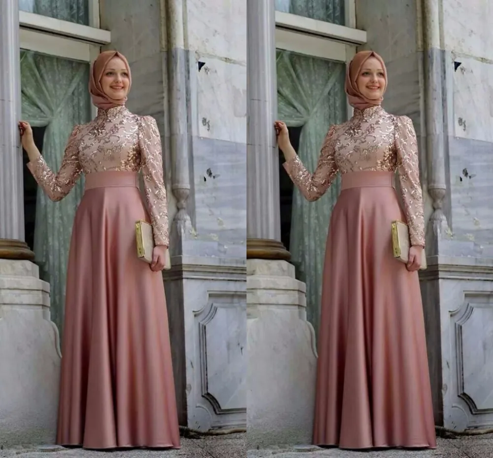 

Soiree hijab Dresses High Neck Long Sleeve A Line Floor Length Robe De Soiree Gold Applique Satin Elegant Long Evening Dress