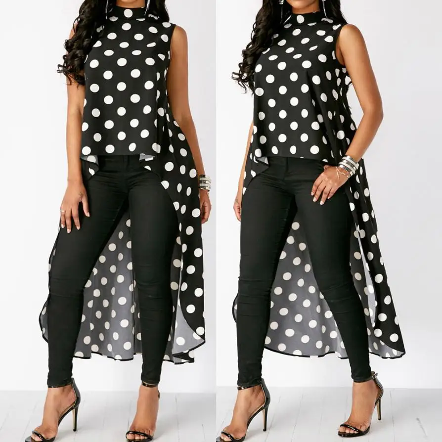 

summer tops for women 2019 Fashion Womens Fashion Casual Sleeveless O-Neck Polka Dot Black High Low Chiffon Blouse Tops