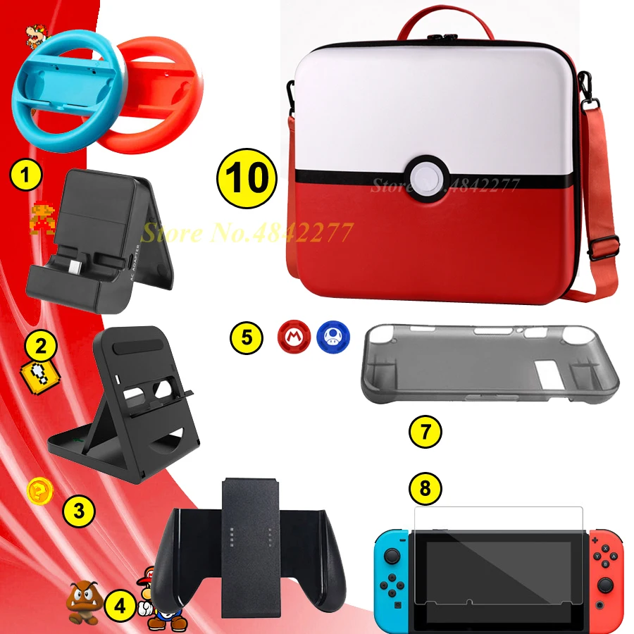 

10 Nintend Switch Accessories Pokeball Storage Big Bag Nintendoswitch Charger Case Racing Screen Protector Steering Wheel Caps