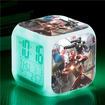 Marvel Мстители Человек-паук изменение цвета светодиодный Будильник фигурка Капитан Америка Железный человек цифровой Куб декор Освещение игрушки