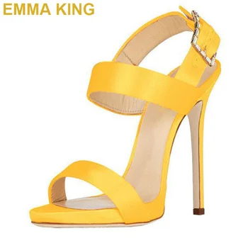 

EMMA KING 2019 Yellow Leather Heels Summer Sandals 12cm Stiletto Heels Fashion Ladies Shoes Slingback Sandals Plus Size 35-43