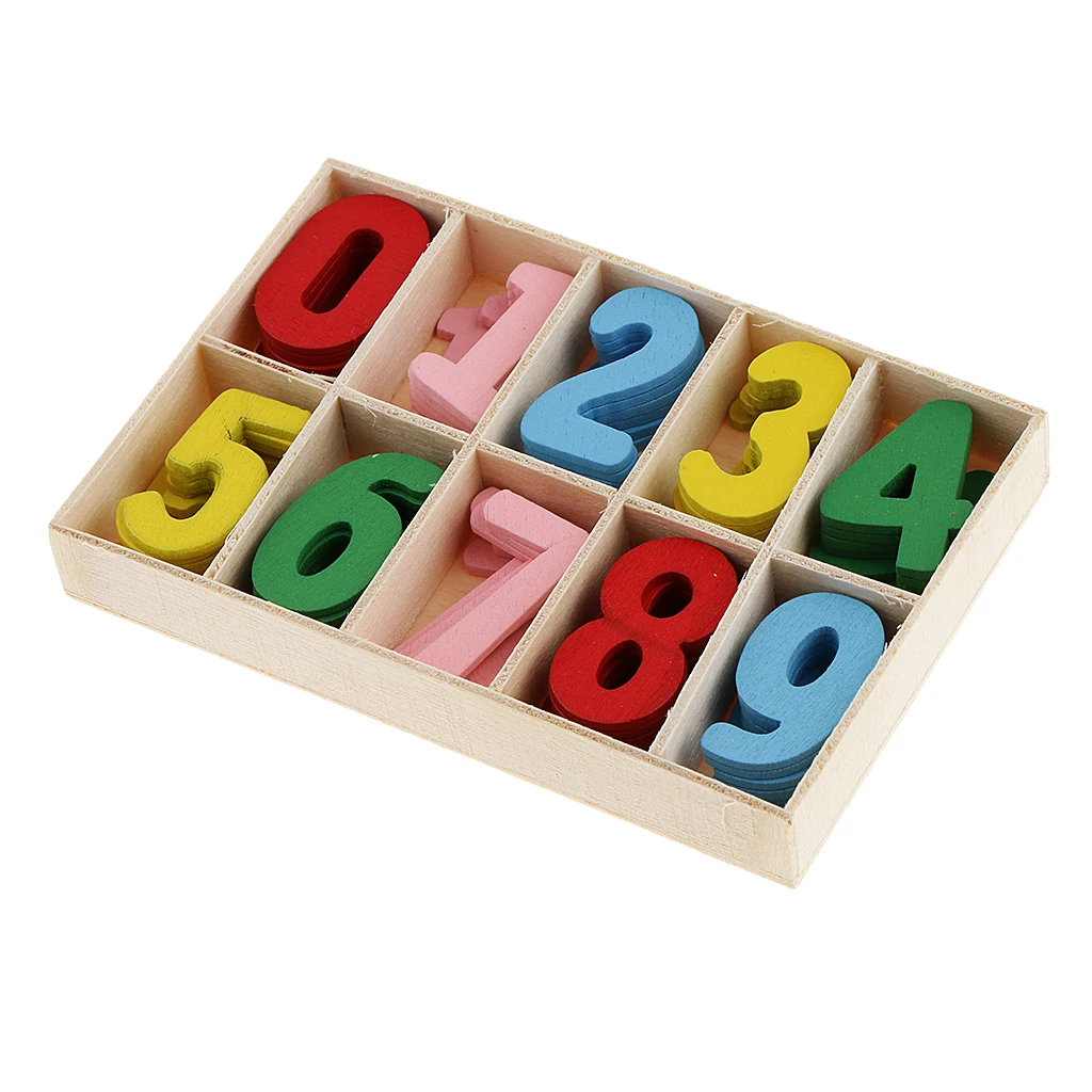 60pcs Colorful Mini Wood 0-9 Arabic Number Embellishment with Wood Storage Tray for Kids Educational Toys Games